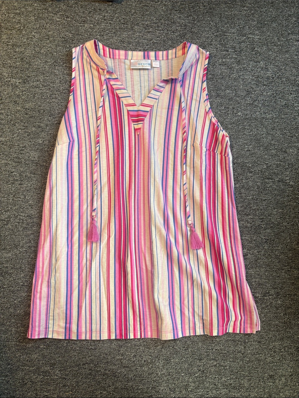 Belle by Kim Gravel Sleeveless Striped Tassel V-Neck Top in Pink, Blue, Cream